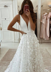 Jamie | Elegant V Neck Sleeveless White Wedding Dress with 3D Floral Appliques - White - PromDressClub